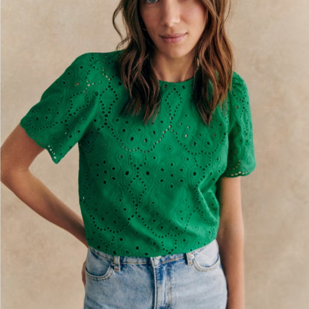 Sezane Green Eyelet Short Sleeve Blouse